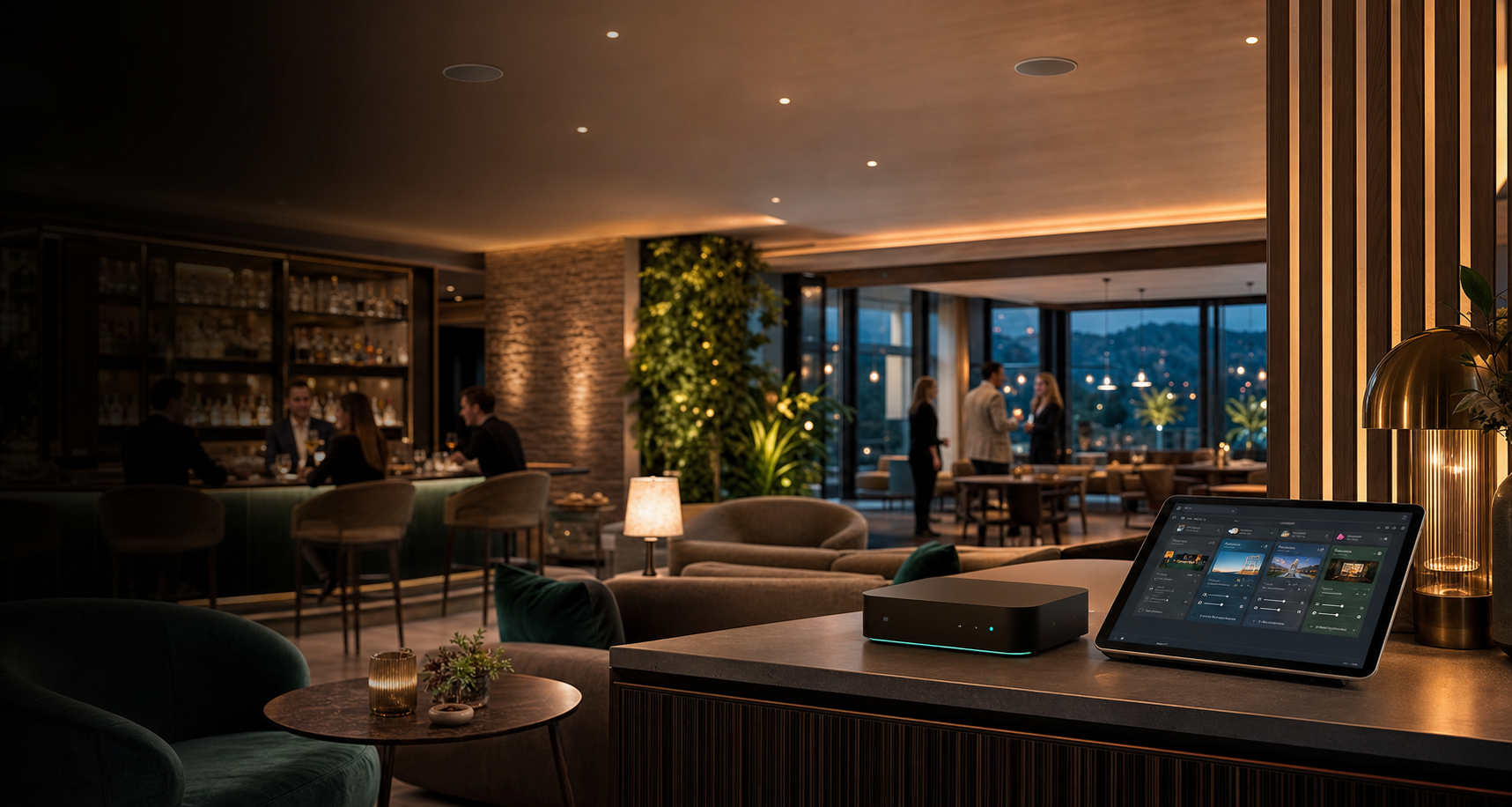 Hotel-Lounge mit Musiksteuerung auf einem Tablet